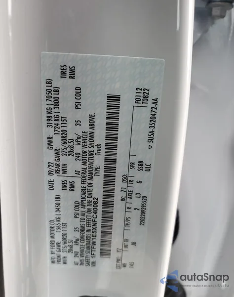 2022 Ford F150 Supercrew z USA, uszkodzony, nr VIN 1FTFW1E5XNFC40082